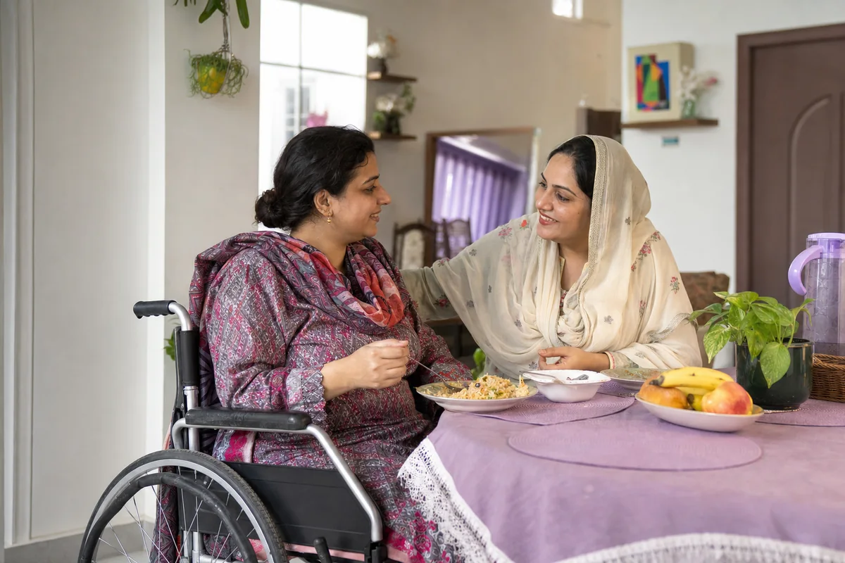 Resident sharing a meal with her caregiver