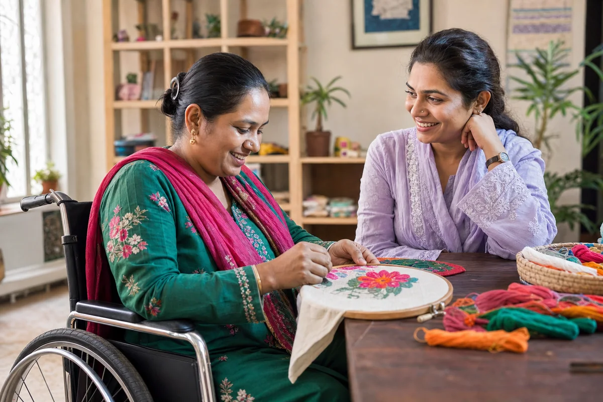 Resident enjoying embroidery with a support worker